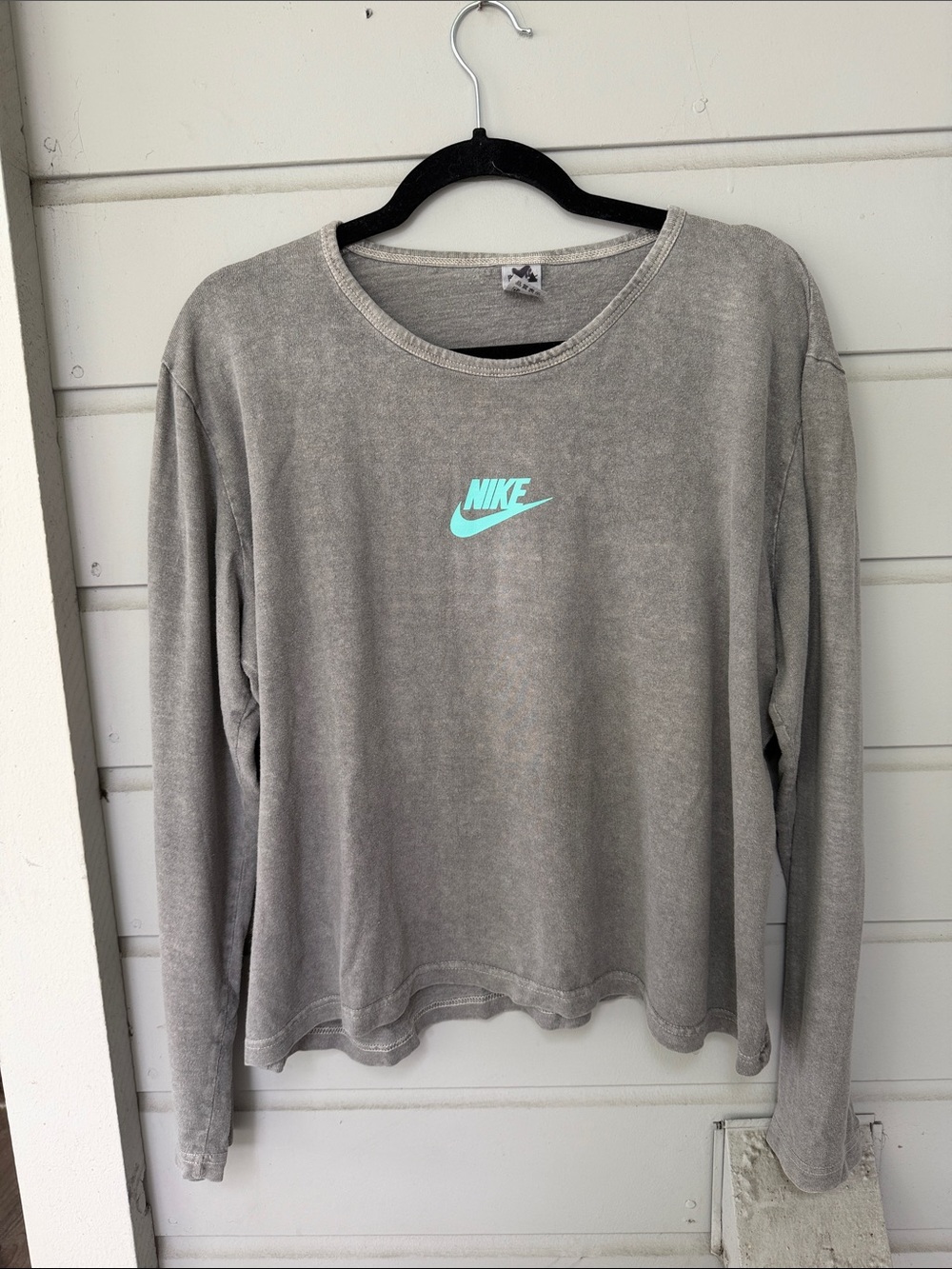 Vintage Nike Gray Long-Sleeve Tee with Teal Swoosh